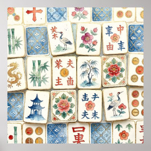 Poster Tuiles de Mahjong Chinoiserie Fleurs Aquarelles Oi