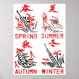 Poster Tuiles de Mahjong, quatre saisons, sur l'arrière -