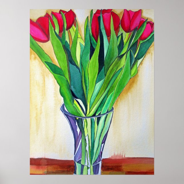 Poster Tulière rouge et rose aquarelle fleurs art (Devant)