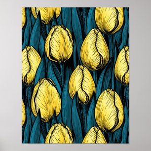 Poster Tulières jaunes avec feuilles bleus