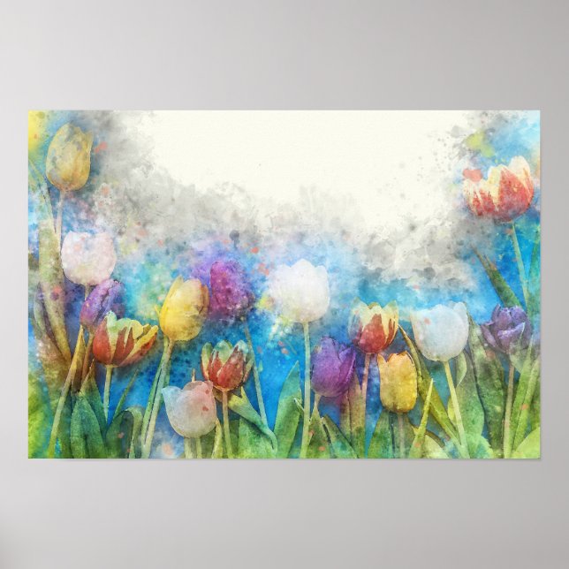Poster Tulipes colorées aquarelle art (Devant)
