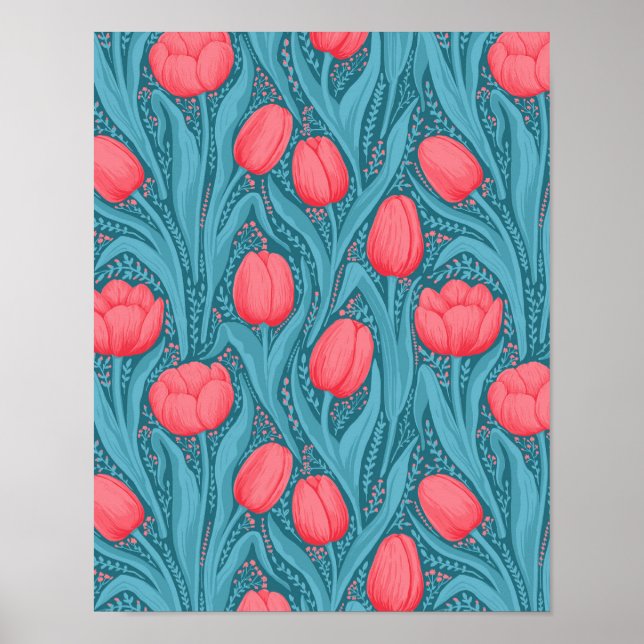 Poster Tulipes en bleu et rouge (Devant)