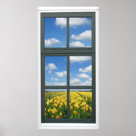 Poster Tulipes Jaunes Ciel Bleu Fenêtre de printemps Affi
