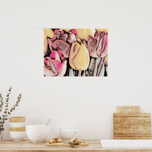 Poster Tulipes rose rouge jaune Dessin rétro