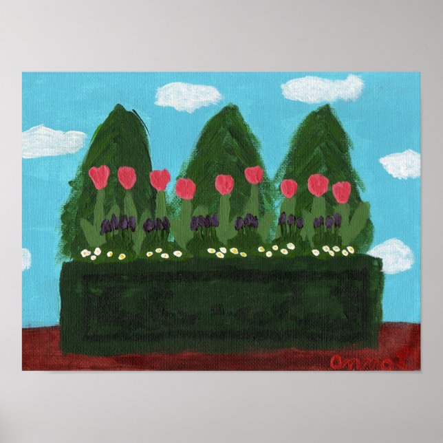 Poster Tulipes roses dans un contenant vert (Devant)
