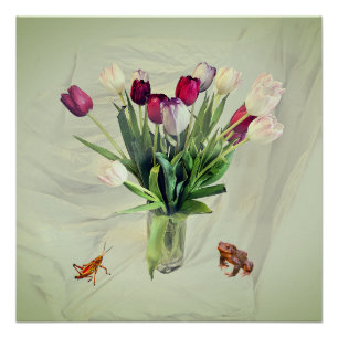 Poster Tulipes, Sauterelle et Grenouille Papier (Semi-bri