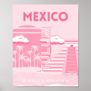 Poster Tulum, Mexique, Art de voyage, Art rose