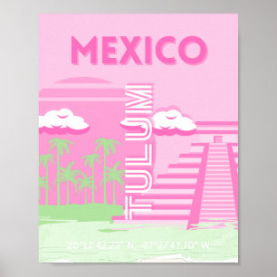 Poster Tulum, Mexique, Art Voyage, Art Preppy, Rose