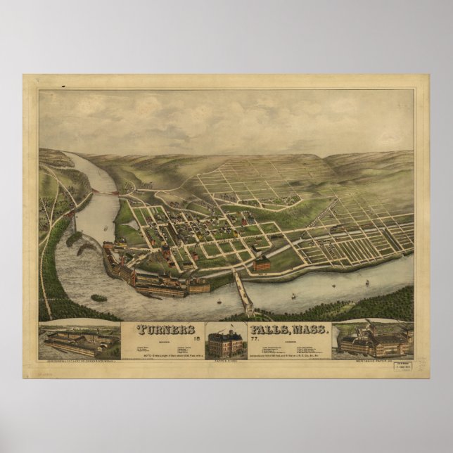 Poster Turners Falls Massachusetts 1877 Antique Panoramiq (Devant)