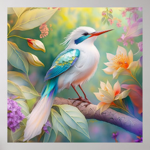 Poster Turquoise aile crête blanche Imaginaire Oiseau