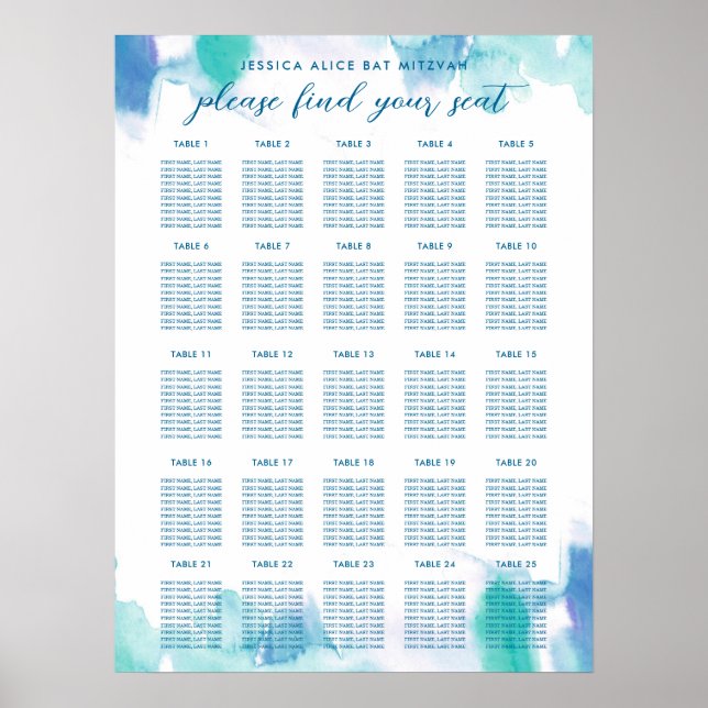 Poster Turquoise Aquarelle bleu Teinture Bat mitzvah Sièg (Devant)
