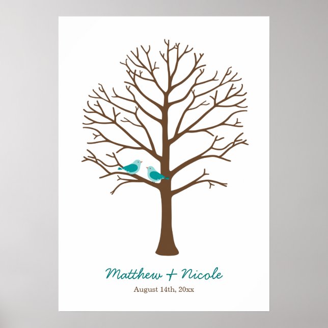 Poster Turquoise Bleu Brown Oiseaux Empreinte Arbre Maria (Devant)