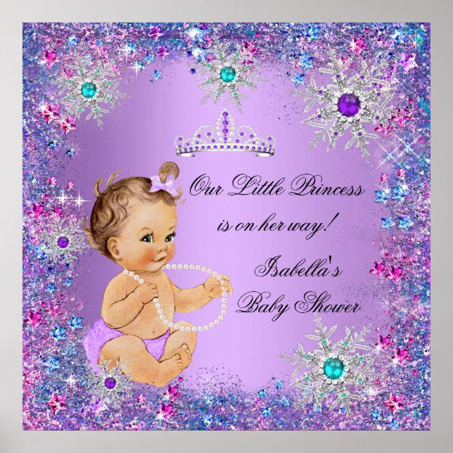 Poster Turquoise bleu violet rose princesse Baby shower B (Devant)