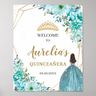 Poster Turquoise Blue Floral Quinceañera Accueil