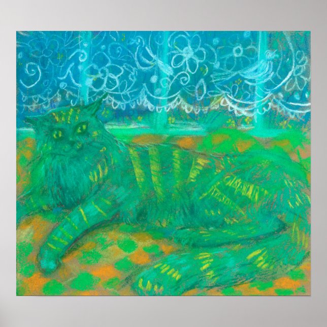 Poster Turquoise Chat Pastel Peinture Animaux de compagni (Devant)