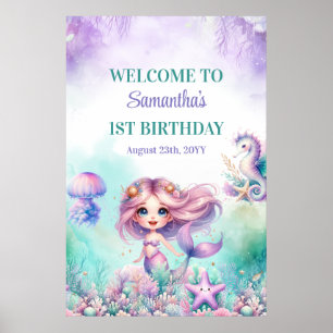 Poster Turquoise et violet sirène 1er anniversaire de bie