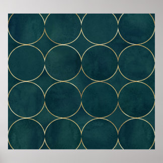 Poster Turquoise foncé, Cercles d'or Aquarelle.