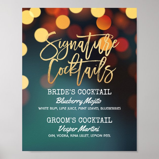 Poster Turquoise Gold Bokeh Light Mariage Signature Menu  (Devant)