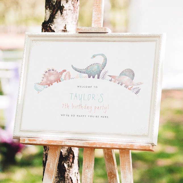 Poster Turquoise & Gold Girl Dinosaur fête d'anniversaire (Créateur téléchargé)