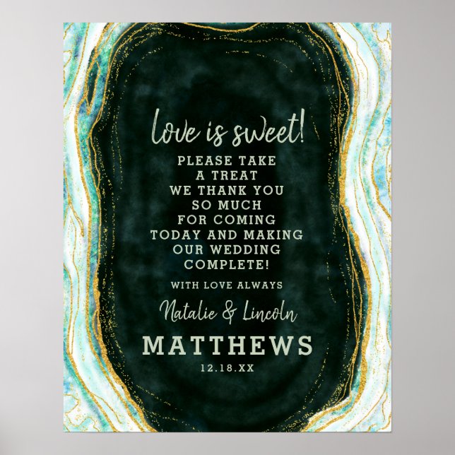 Poster Turquoise Green & Gold Geode Love is Sweet Mariage (Devant)