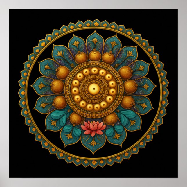 Poster Turquoise Lotus Mandala - Black Boho Graphic Art (Devant)