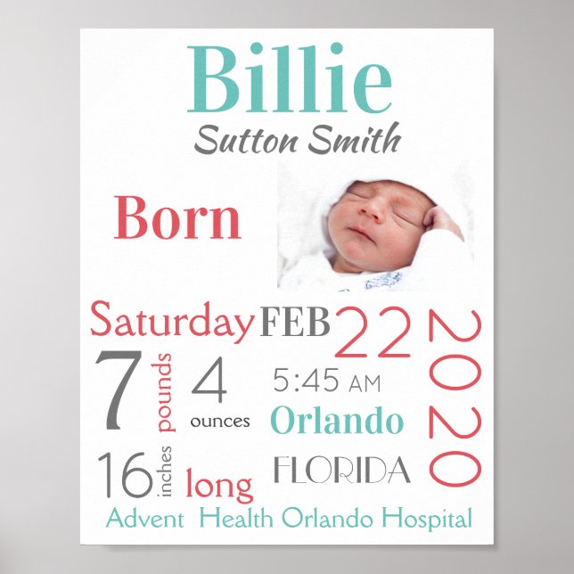 Poster Turquoise & Pêche Bébé Statistiques de naissance G (Devant)