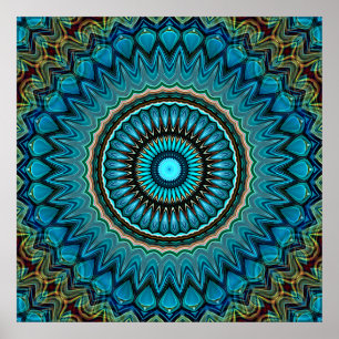 Poster Turquoise Teal Green Mandala Round Star Pattern