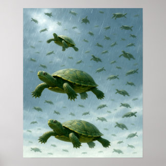 Poster Turtle Wall Art, Happy Turtle in the Rain Art