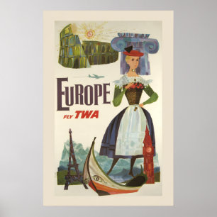 Poster TWA Voyage en Europe Années 60 Voyage avec une com