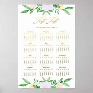 Poster Twenty Twenty Floral and Name Faux Gold Calendar
