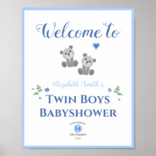 Poster Twin boys baby bears baby shower  welcome sign