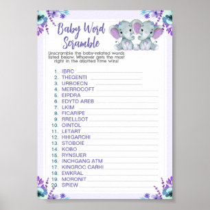 Poster Twin Elephants Word Scramble Baby shower Jeu