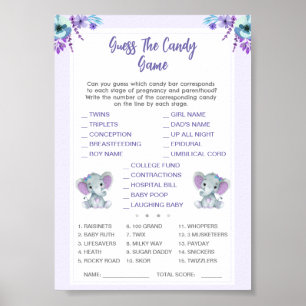 Poster Twin Guess the Candy Baby shower Jeu Eléphants