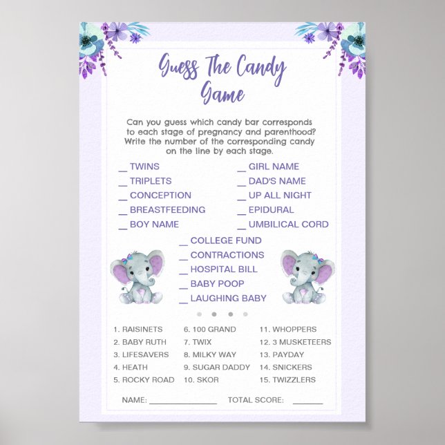 Poster Twin Guess the Candy Baby shower Jeu Eléphants (Devant)