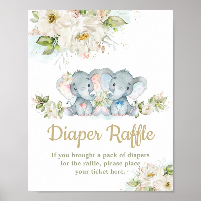 Poster Twins Elephant Garçon fille Baby shower Déchets Ra (Devant)