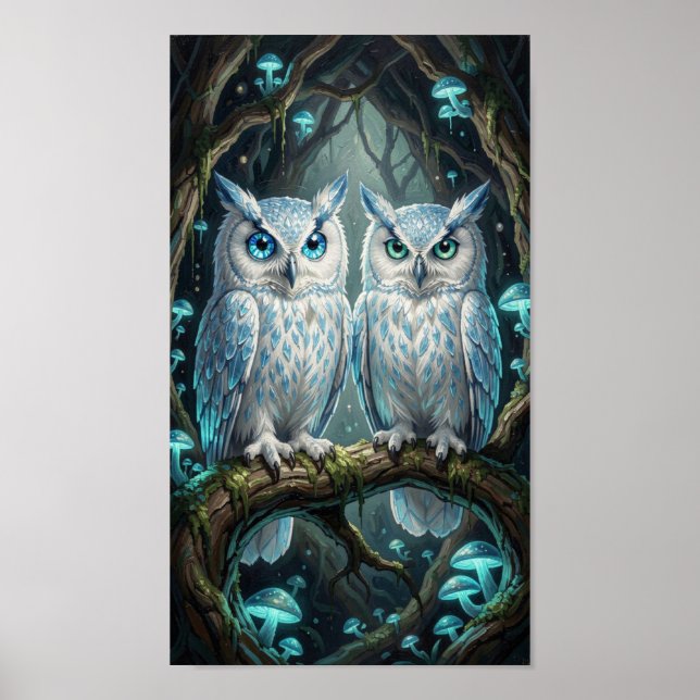 Poster Two wise, ancient white blue owls (Devant)