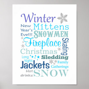 Poster Typographie des mots d'hiver en bleu