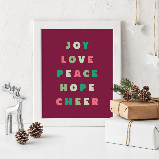 Poster Typographie moderne Joie Amour Paix Espoir Noël (Christmas poster with the words, "joy love peace hope cheer" in a modern font)