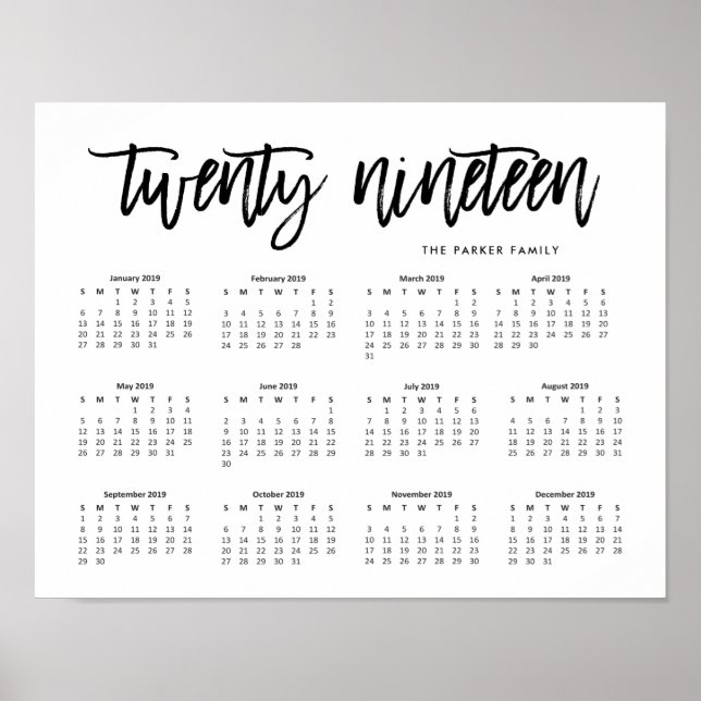 Poster Typographie moderne noir et blanc Calendrier 2019 (Devant)