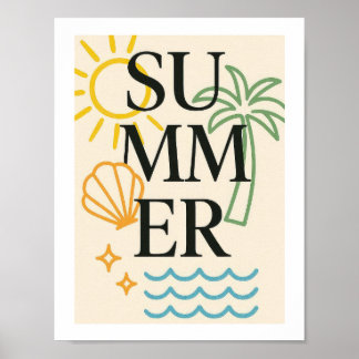 Poster Typographie Rétro Été Plage Arbre Palmier Côté Mer
