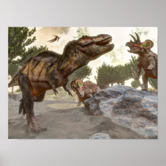 Poster Tyrannosaurus rex s'échappant de l'attaque des tri