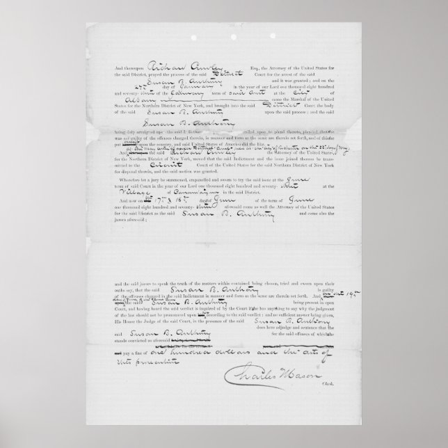 Poster U.S. vs Susan B. Anthony Record of Conviction 1873 (Devant)