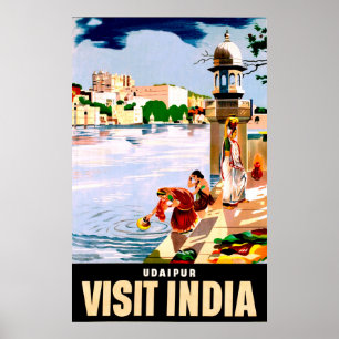 Poster Udaipur, Inde. Femmes au bord du lac. Voyage vinta