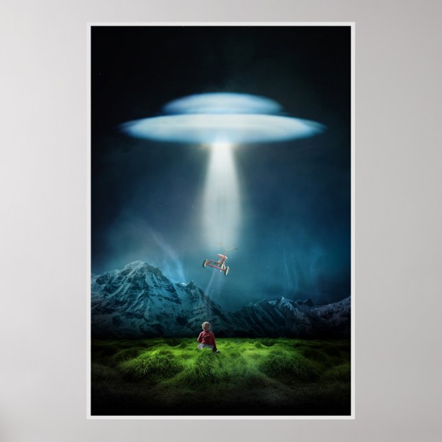 Poster ufo et enfant sur le terrain à l'affiche de nuit (Devant)