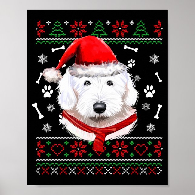 Poster Ugly Sweater Christmas Bobtail Dog Santa Hat Pajam (Devant)