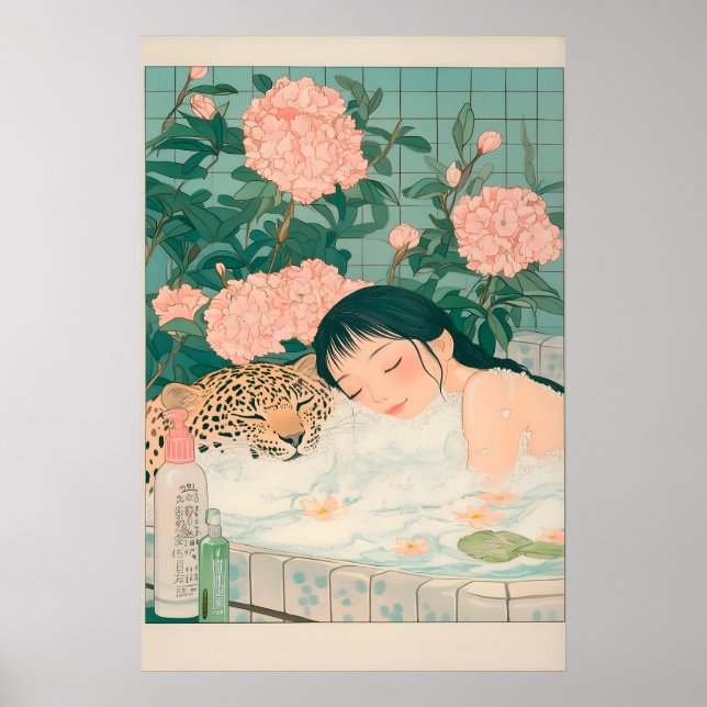 Poster Ukiyo-e Leopard Bath Art Print Japandi Bathroom (Devant)