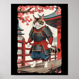 Poster Ukiyo-e Samurai vintage Chat En Kimono Sumi-e Ninj
