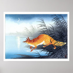 Poster Ukiyoe [Koson] Renard au bord de l'eau éclairé par