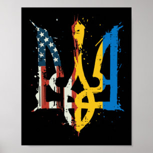 Poster Ukraine America Drapeau Trident Ukrainien Tryzub H