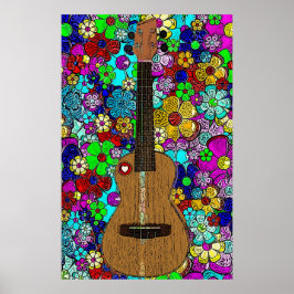 Poster Ukulele avec Fleurs de Hip Super et Coeur